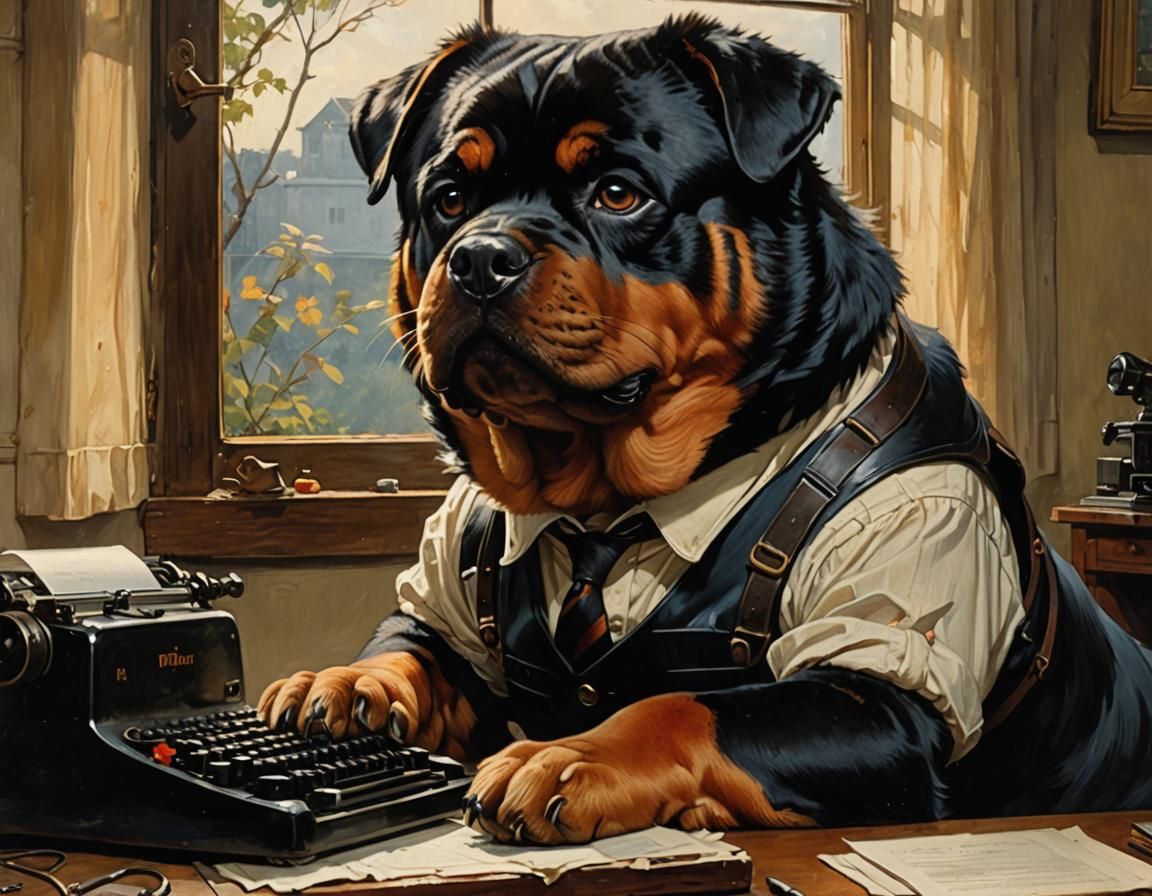 Rottweiler Typing in Studio Ghibli Style