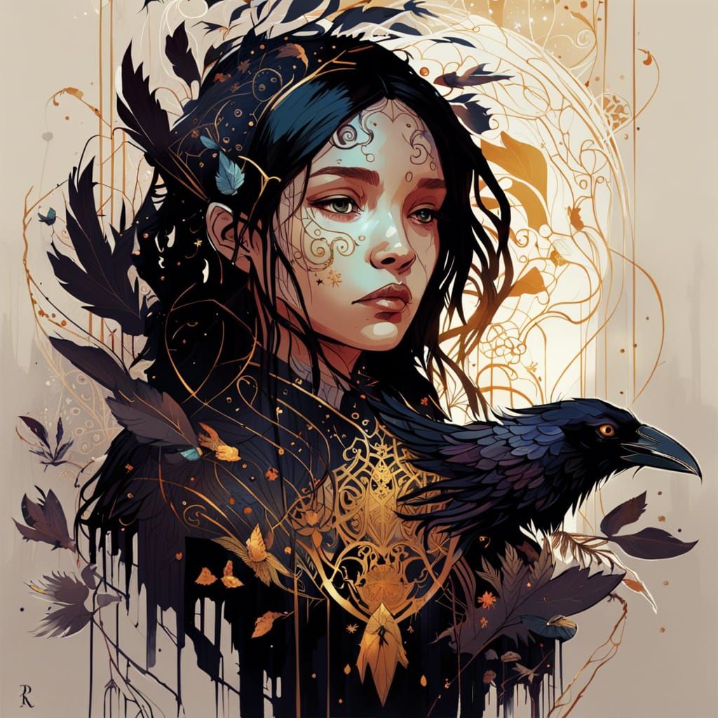 Raven Princess with Golden Outlines Digital Art