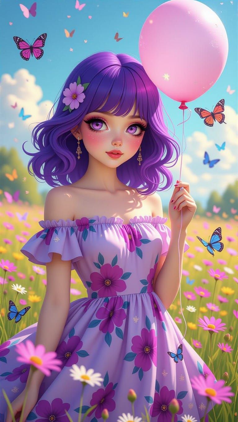 Beautiful Young Girl with Purple Hair and Big Eyes Holding a...