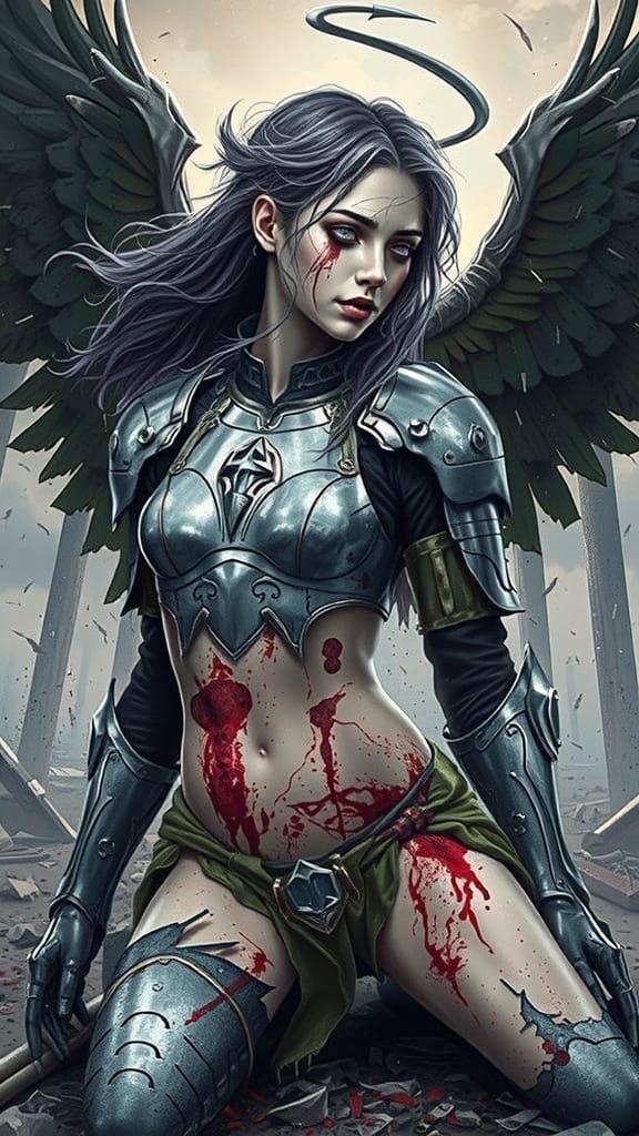 Fallen Angel Kneeling on Battlefield in Dark Fantasy