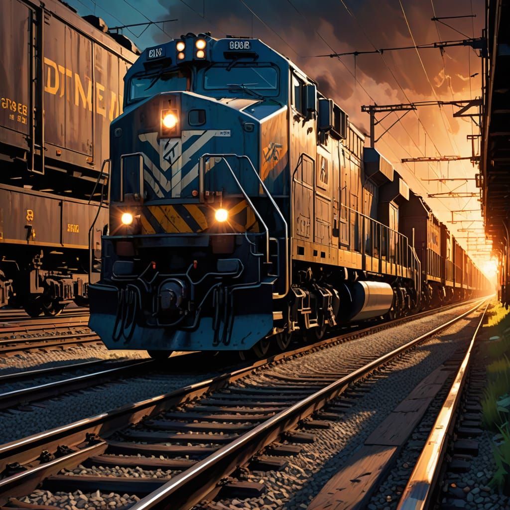 Dynamic Freight Train Concept Art in Vibrant Digital Style