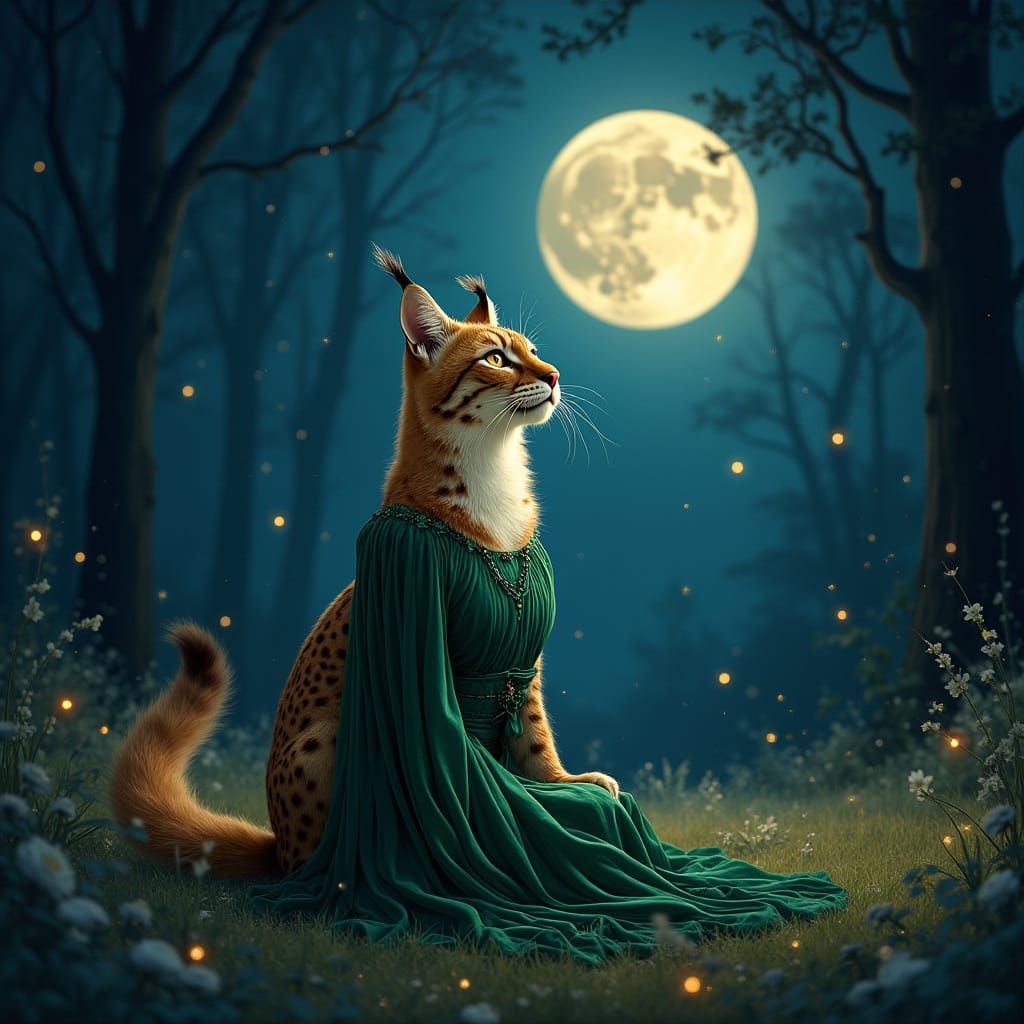 Lynx in a Dress Gazes at Starry Forest Sky with Fireflies