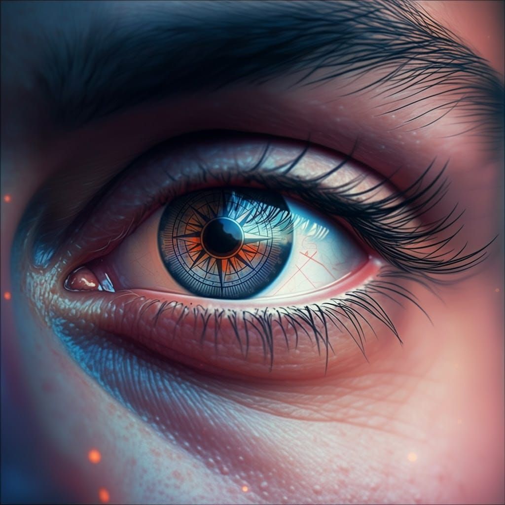 Hyperrealistic Portrait with Compass Rose Iris in Intimate M...