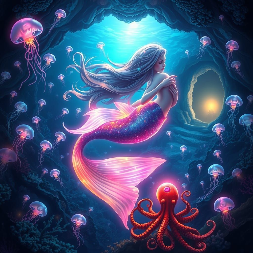 Mermaid in Vibrant Bioluminescent Oceanic Wonderland