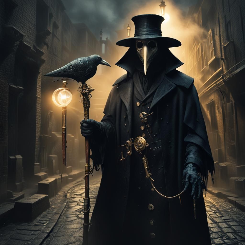 Mysterious Steampunk Plague Doctor Sorcerer in Dark Alley