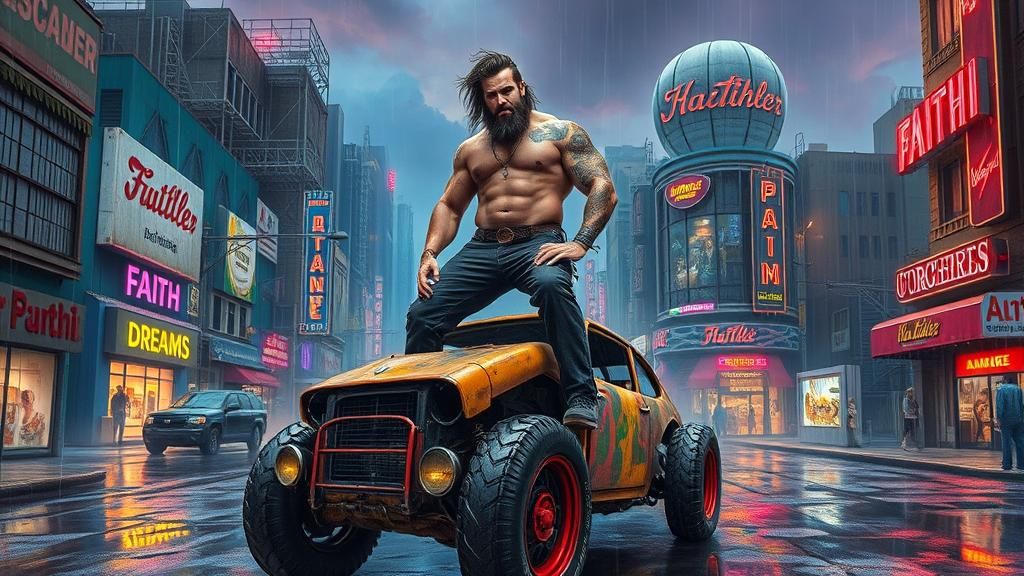 Punk Rocker Hero in Mirrored Metropolis, Gouache Watercolor