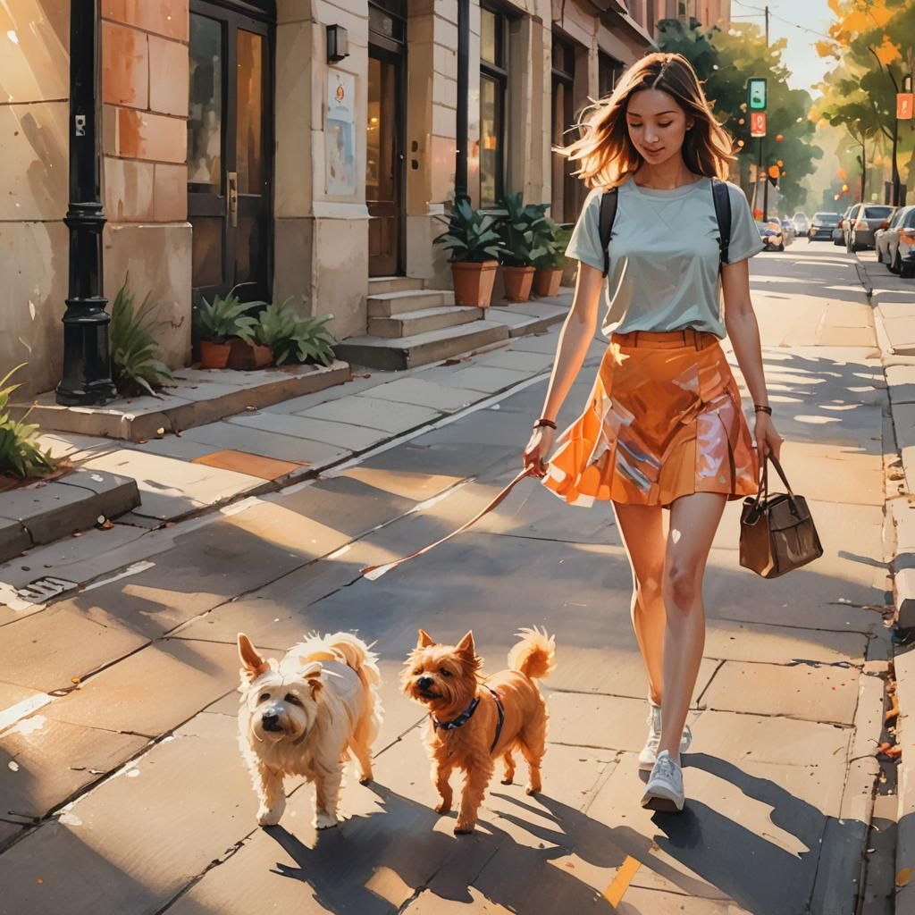 Girl Walking Dog: Watercolor Splash Art in Pastel Colors