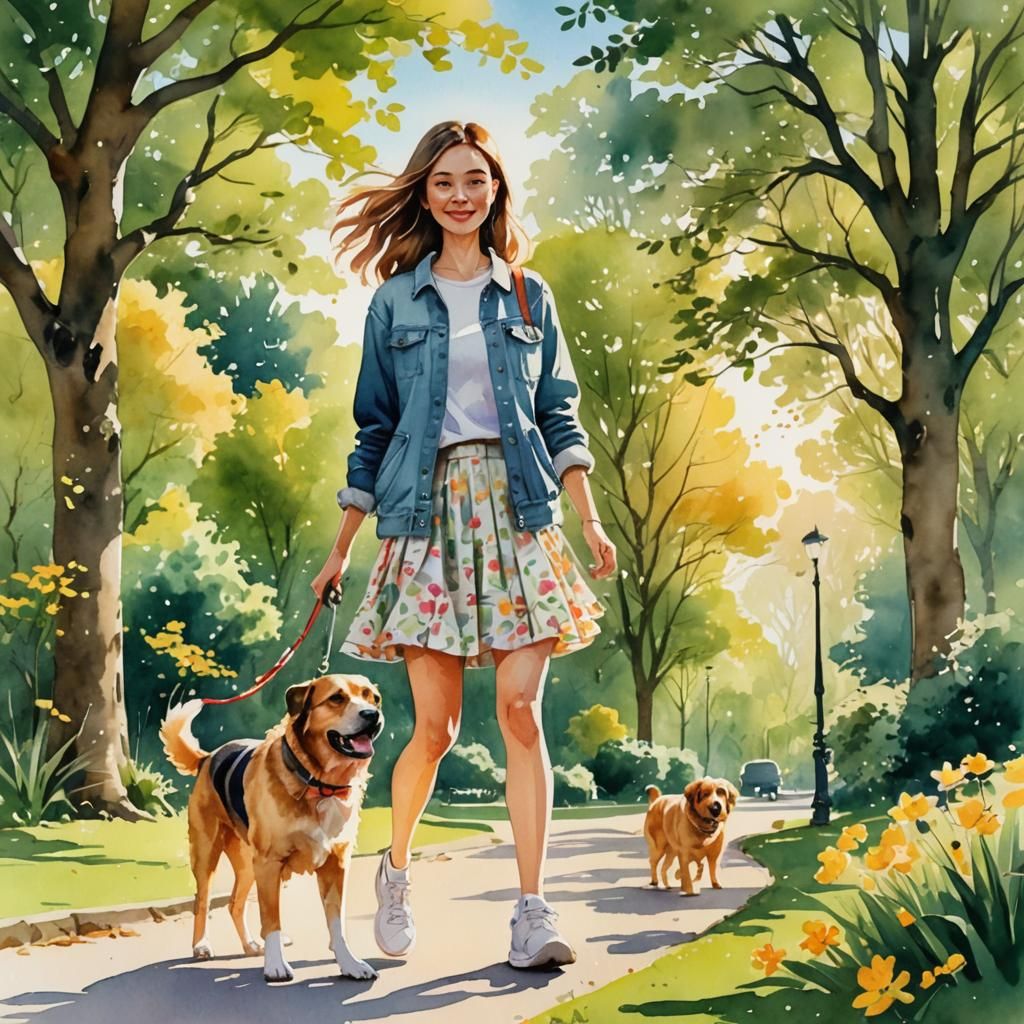 Girl Walks Dog in Sunny Park: Watercolor Illustration