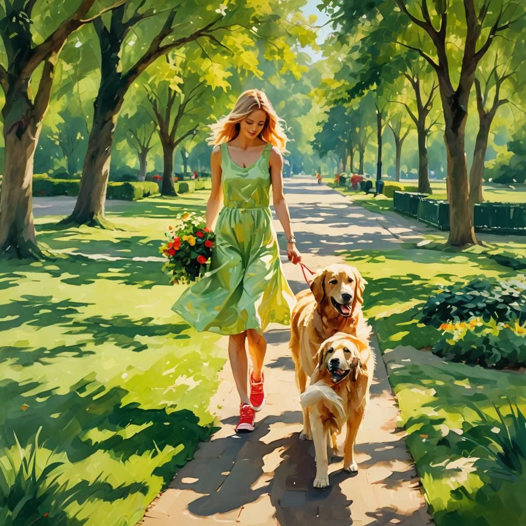 Girl and Dog in Park: Impressionist Painting