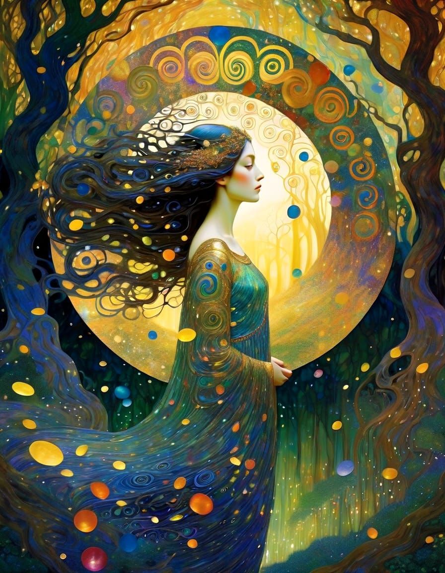 Mythological Goddess Steps Through Portal in Ancient Forest