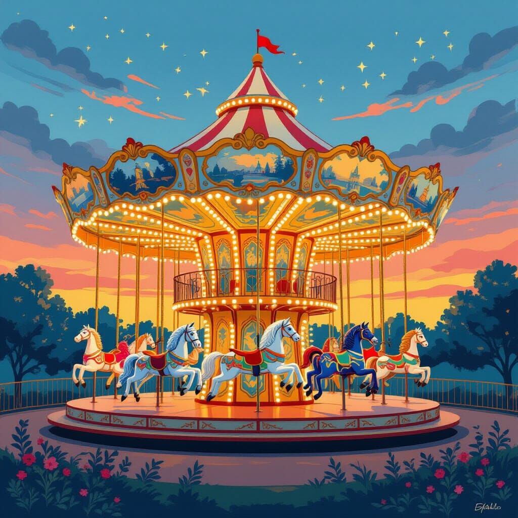 Whimsical Fairground Carousel at Twilight: Storybook Illustr...