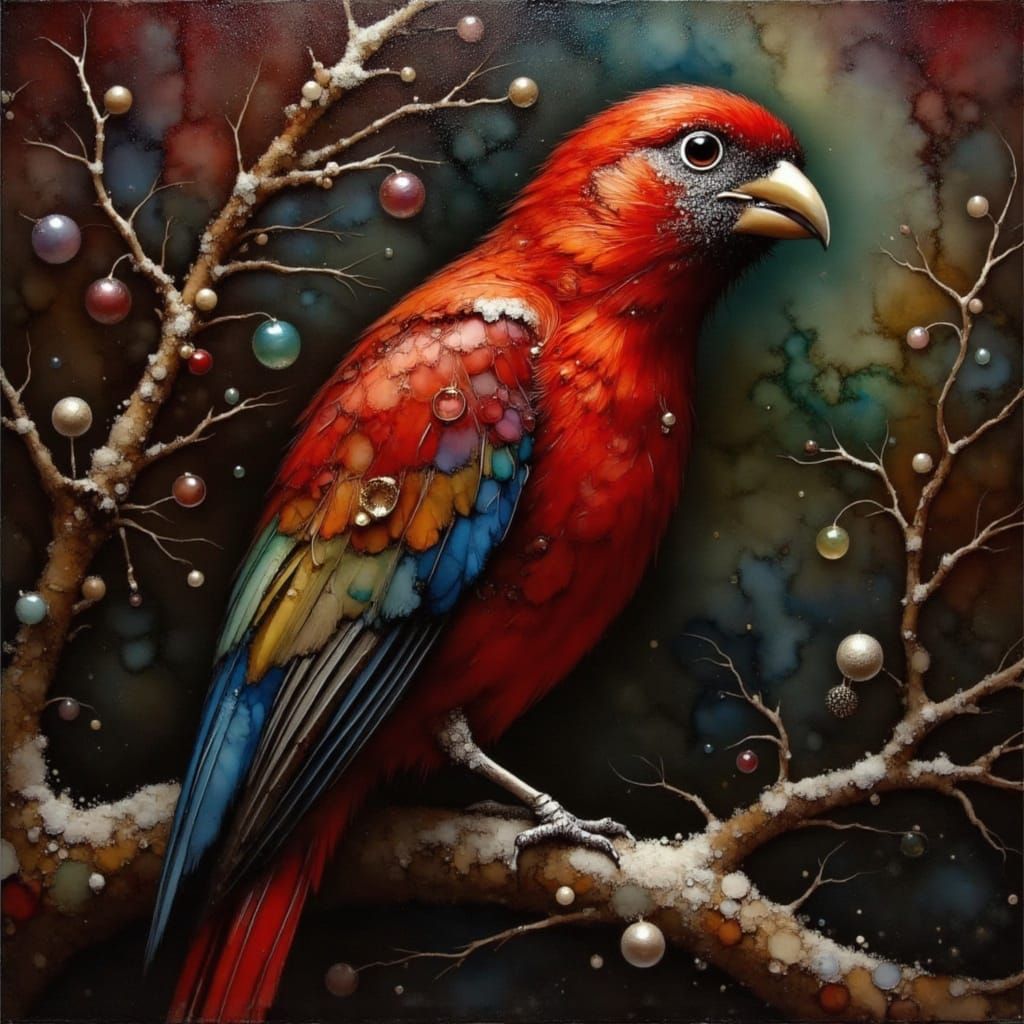 Dramatic Scarlet Robin in Chiaroscuro Oil Painting
