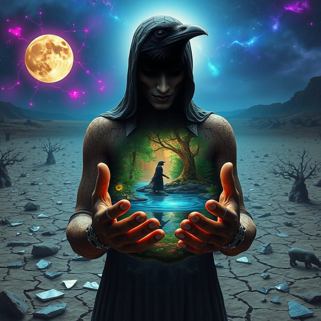 Crow Guides Soul Through Surreal Alchemical Landscape