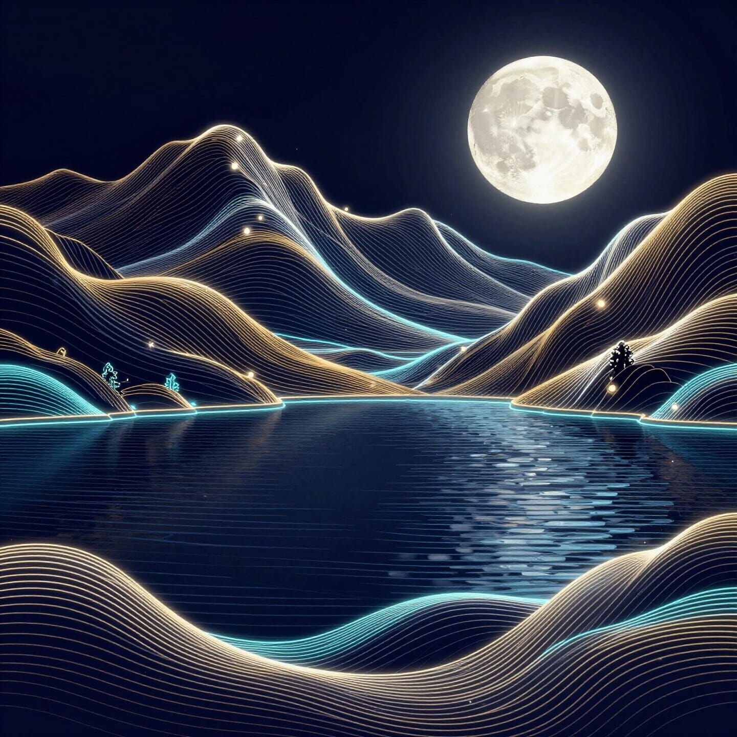 Elegant Line Art Mountain Lake Under Full Moon