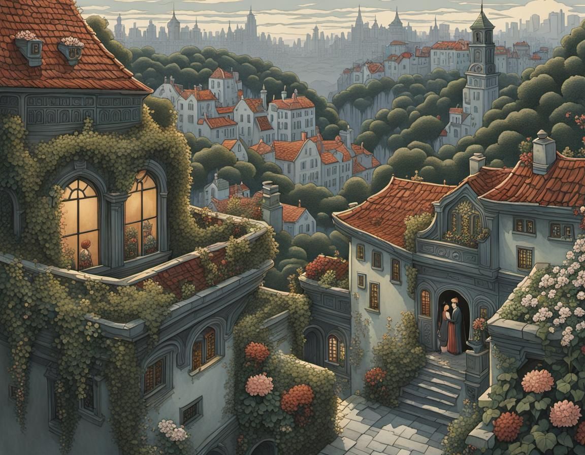 Rooftop Scene in Dark Fantasy Style