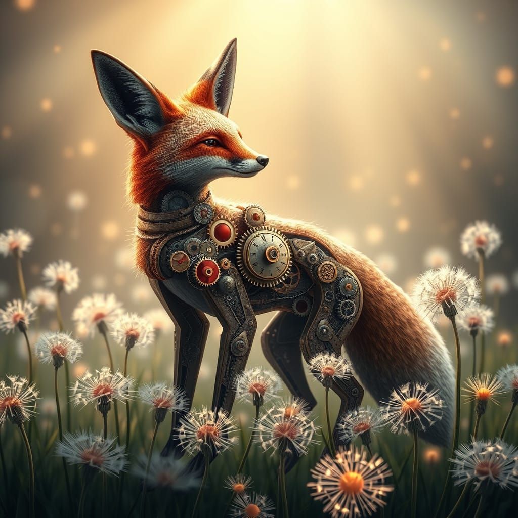 A mechanical fox, intricately designed with gears and clockw...