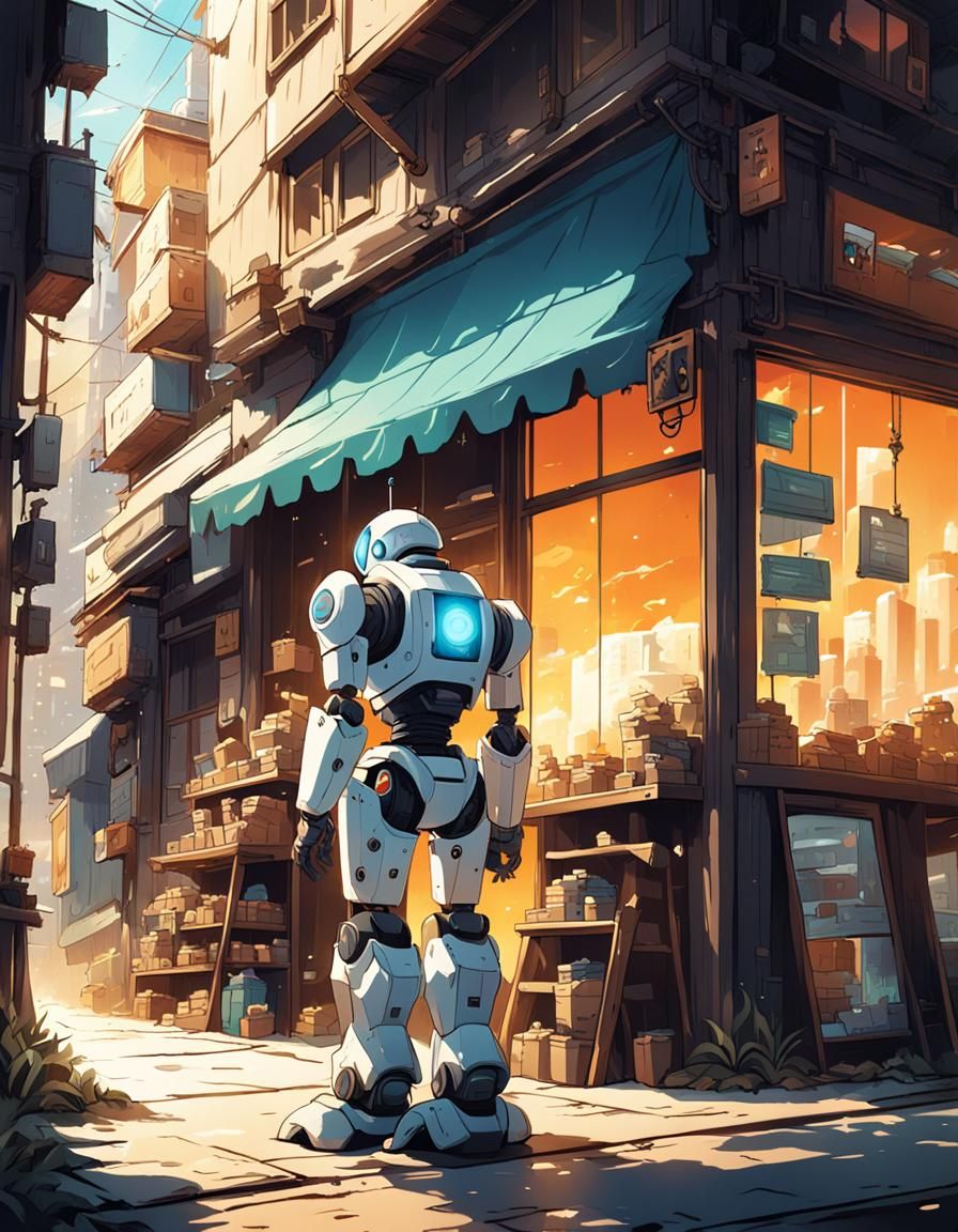 Robot Gazing at Bustling World in Anime Style