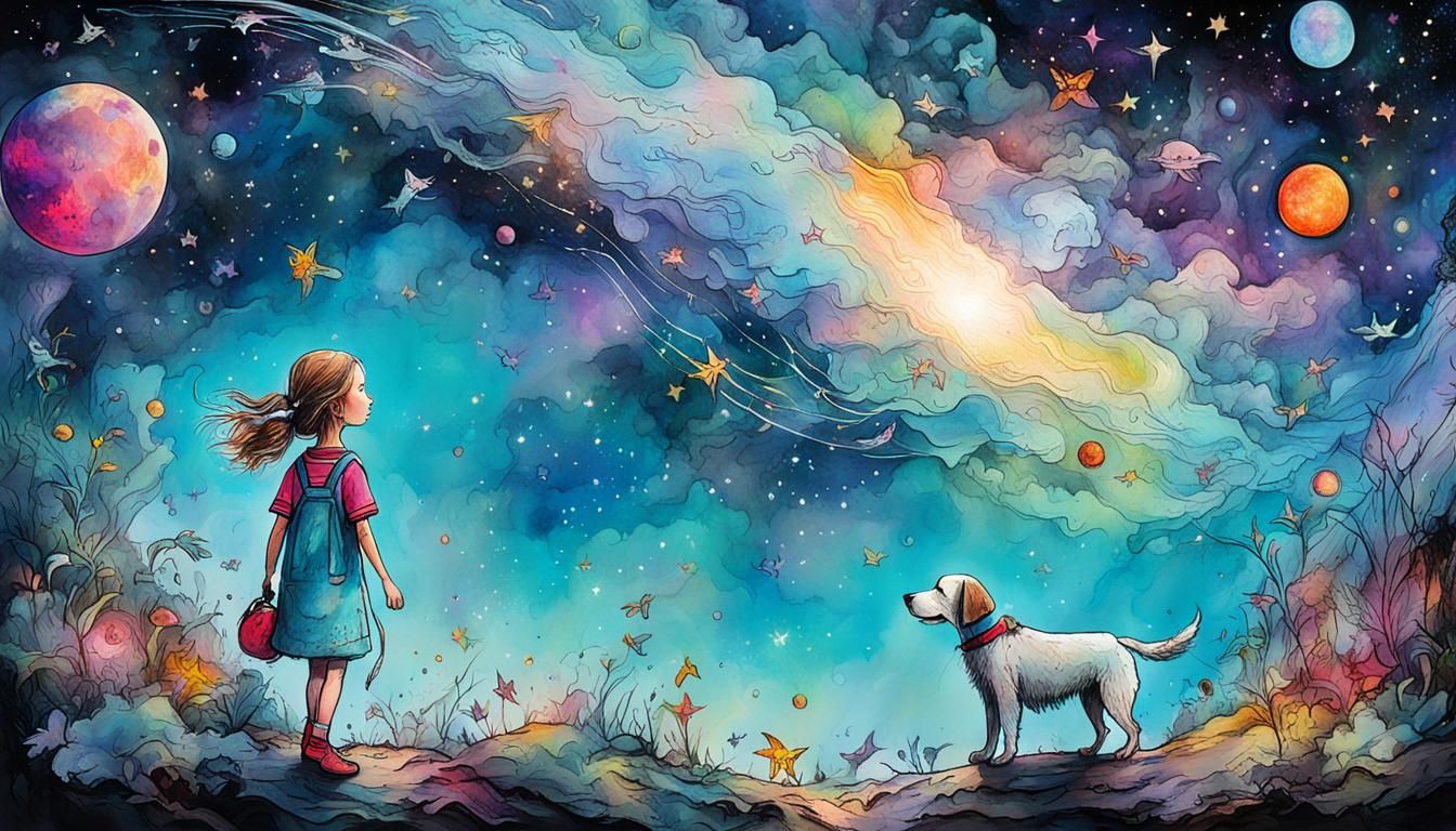 Girl and Dog Illustration in Blake Style