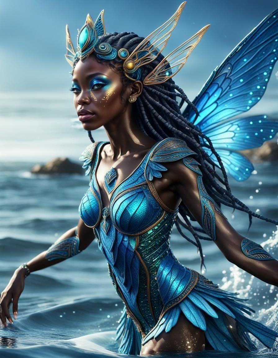 African Sea Fairy Goddess with Neon Wings