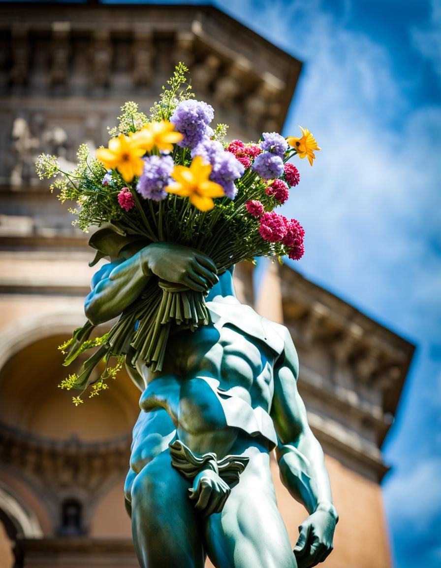 David Statue Holding Spring Flowers, Photography