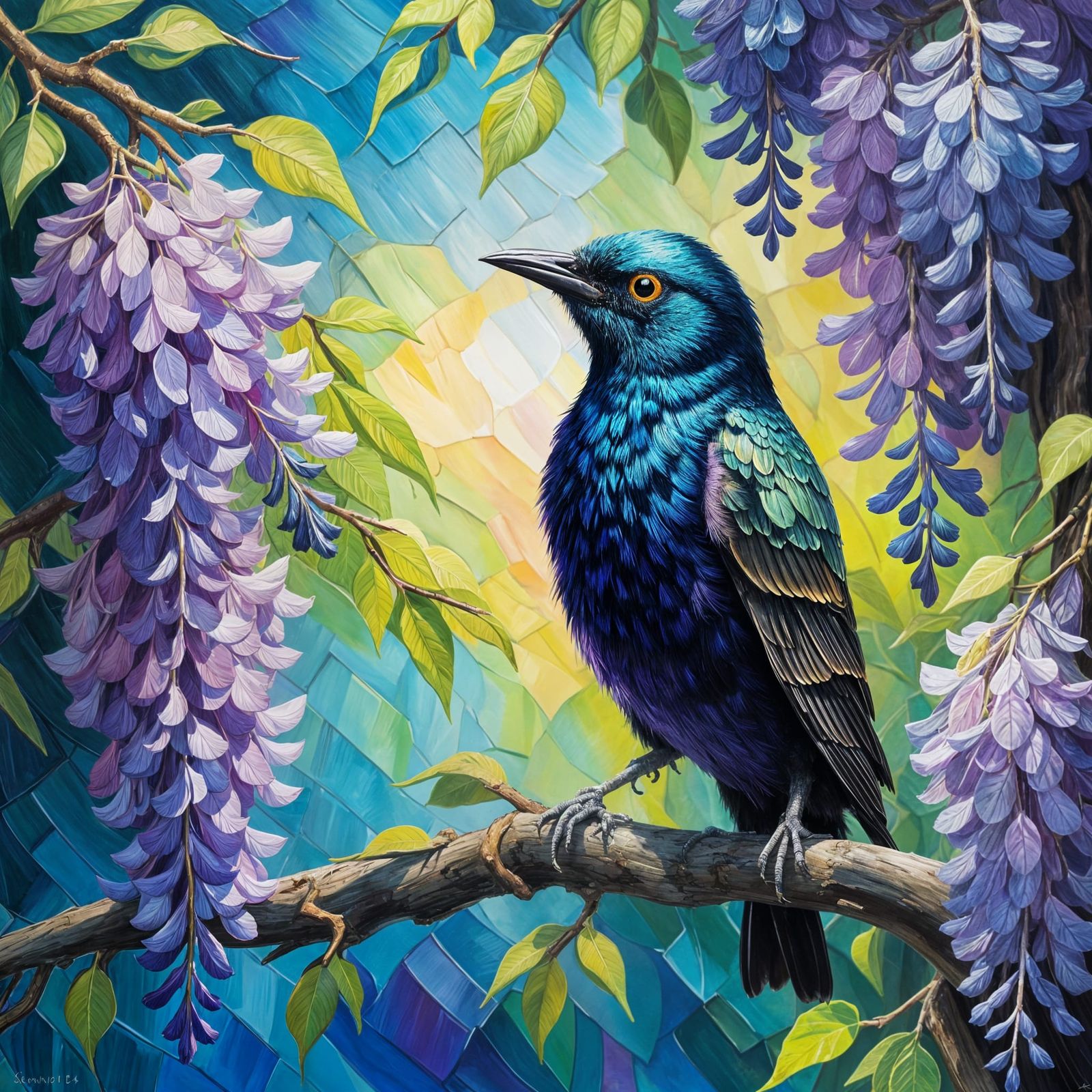 Starling in Wisteria Tree: Colorful Oil Painting