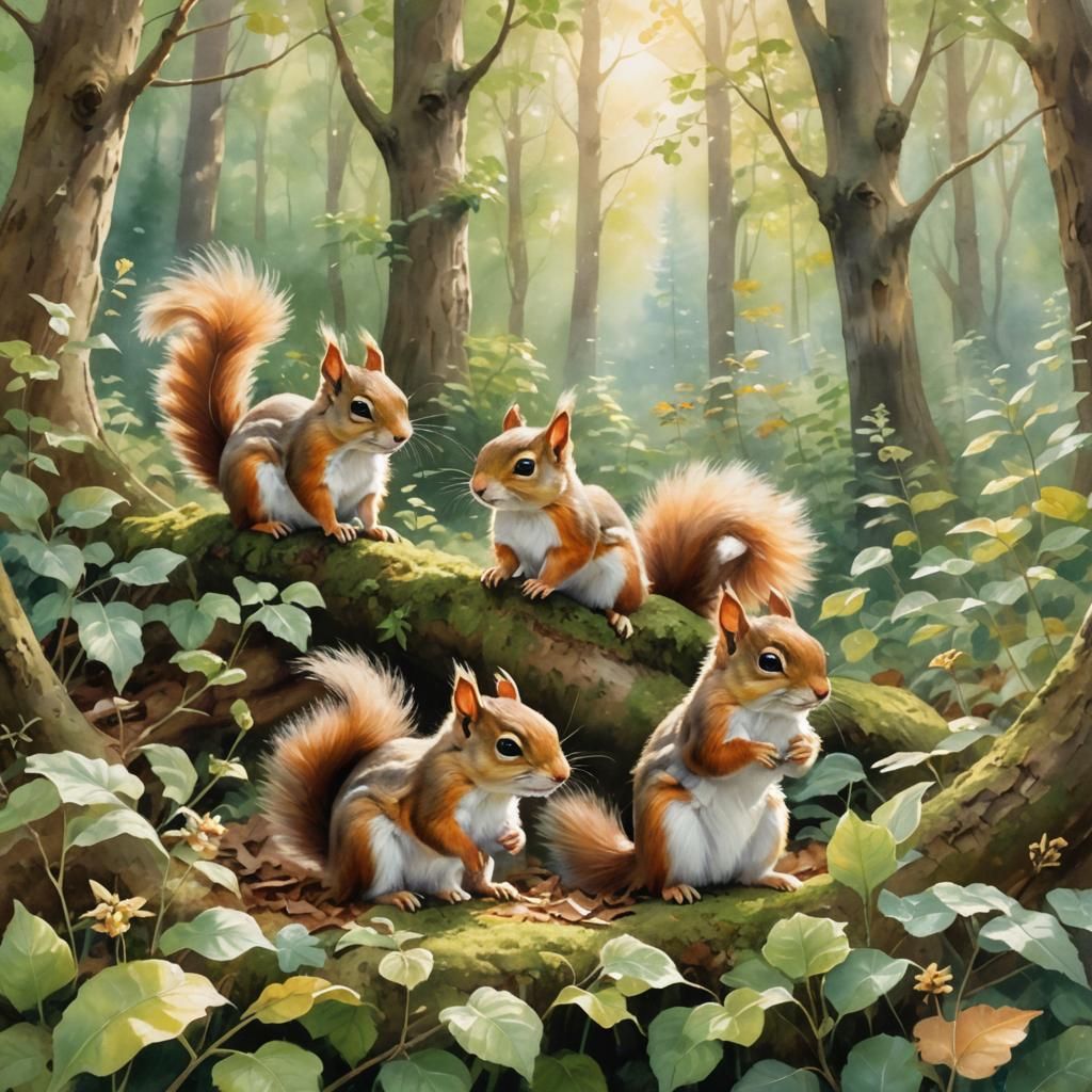 Whimsical Watercolor: Baby Squirrels in Forest