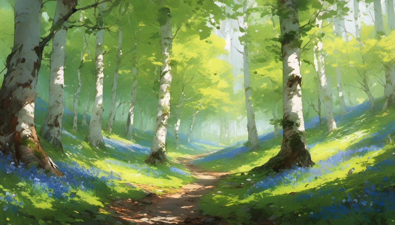 Sunlit Silver Birch Forest with Bluebells