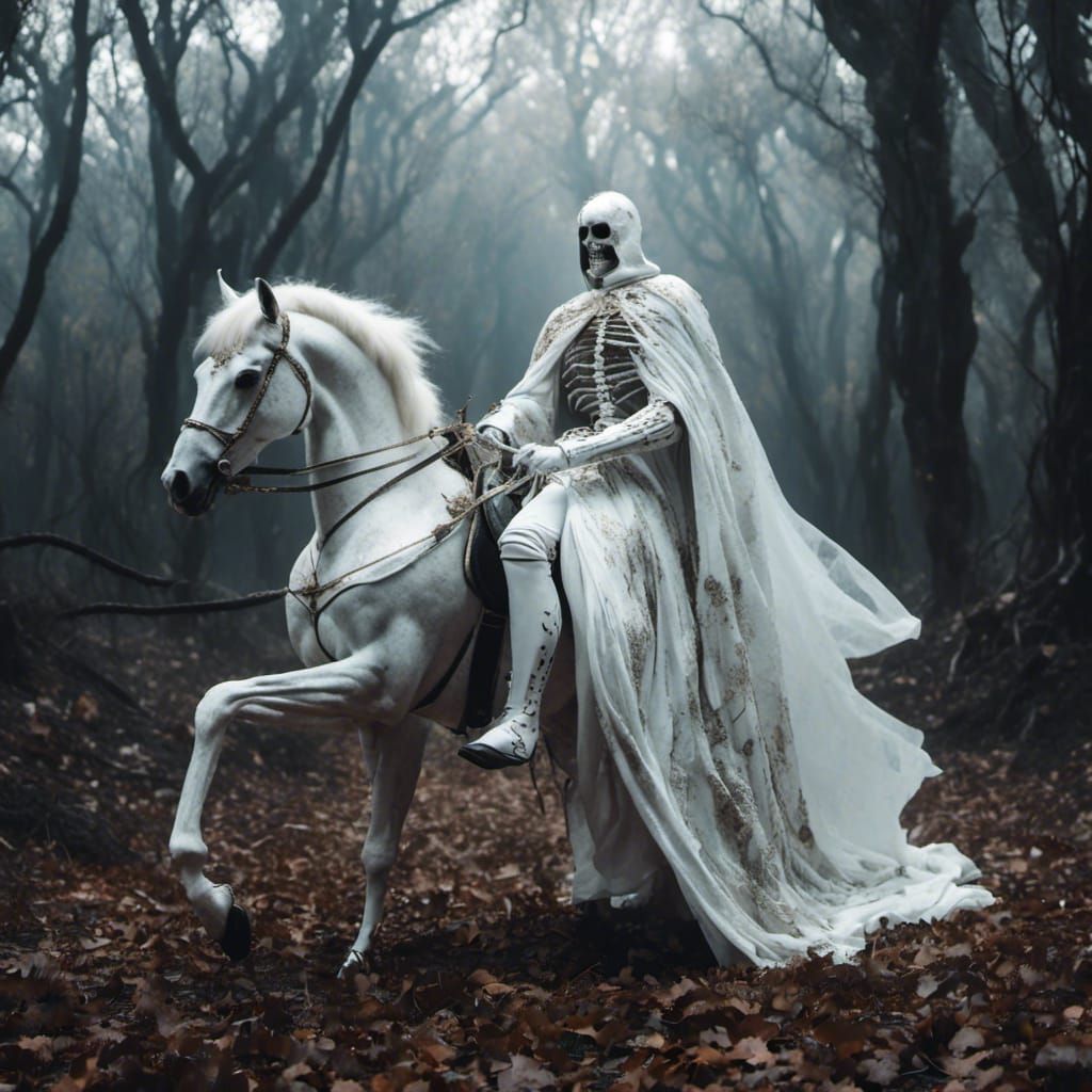 White Rider on Skeleton Horse in Graveyard