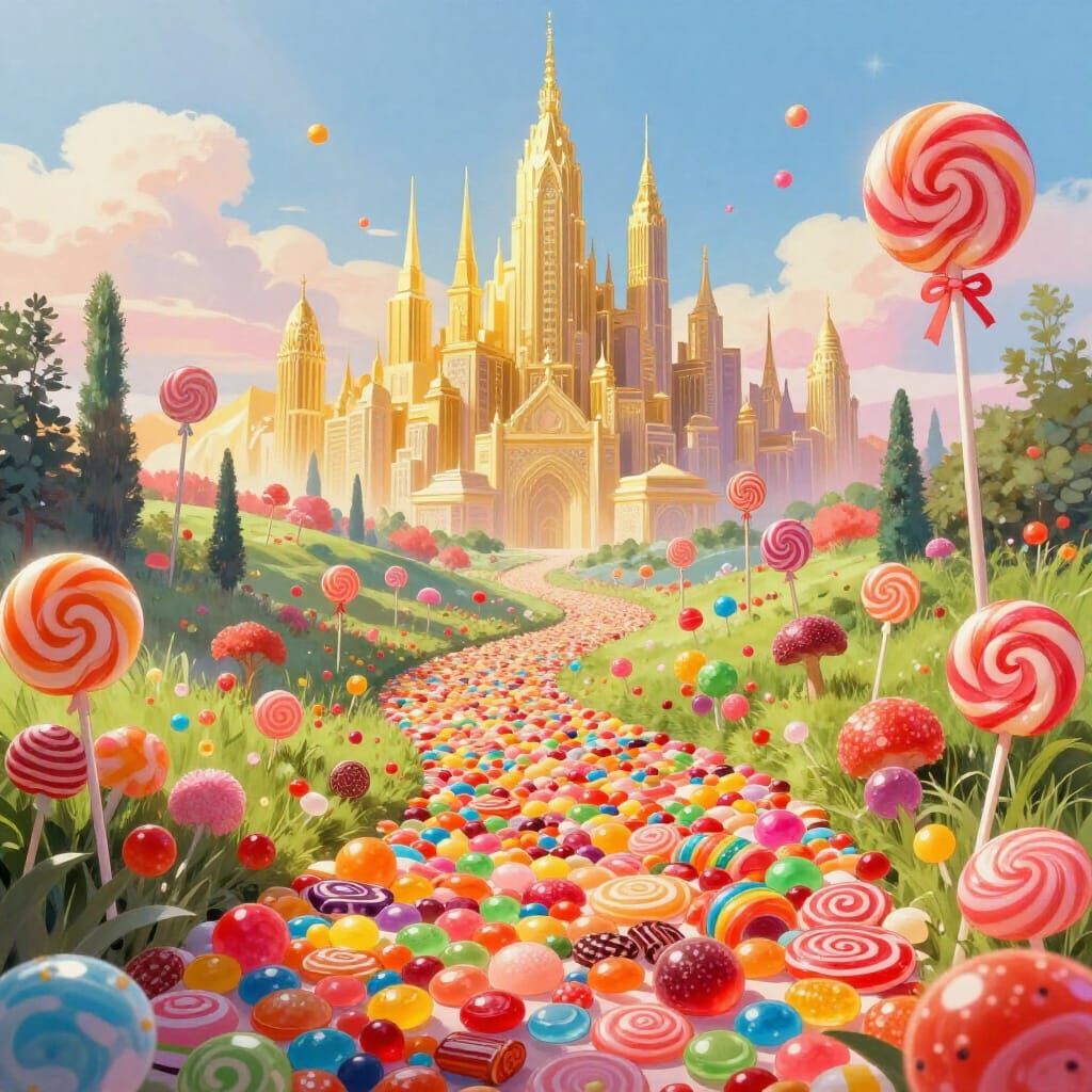 Candy Pathway to a Golden City in Fantastical Style