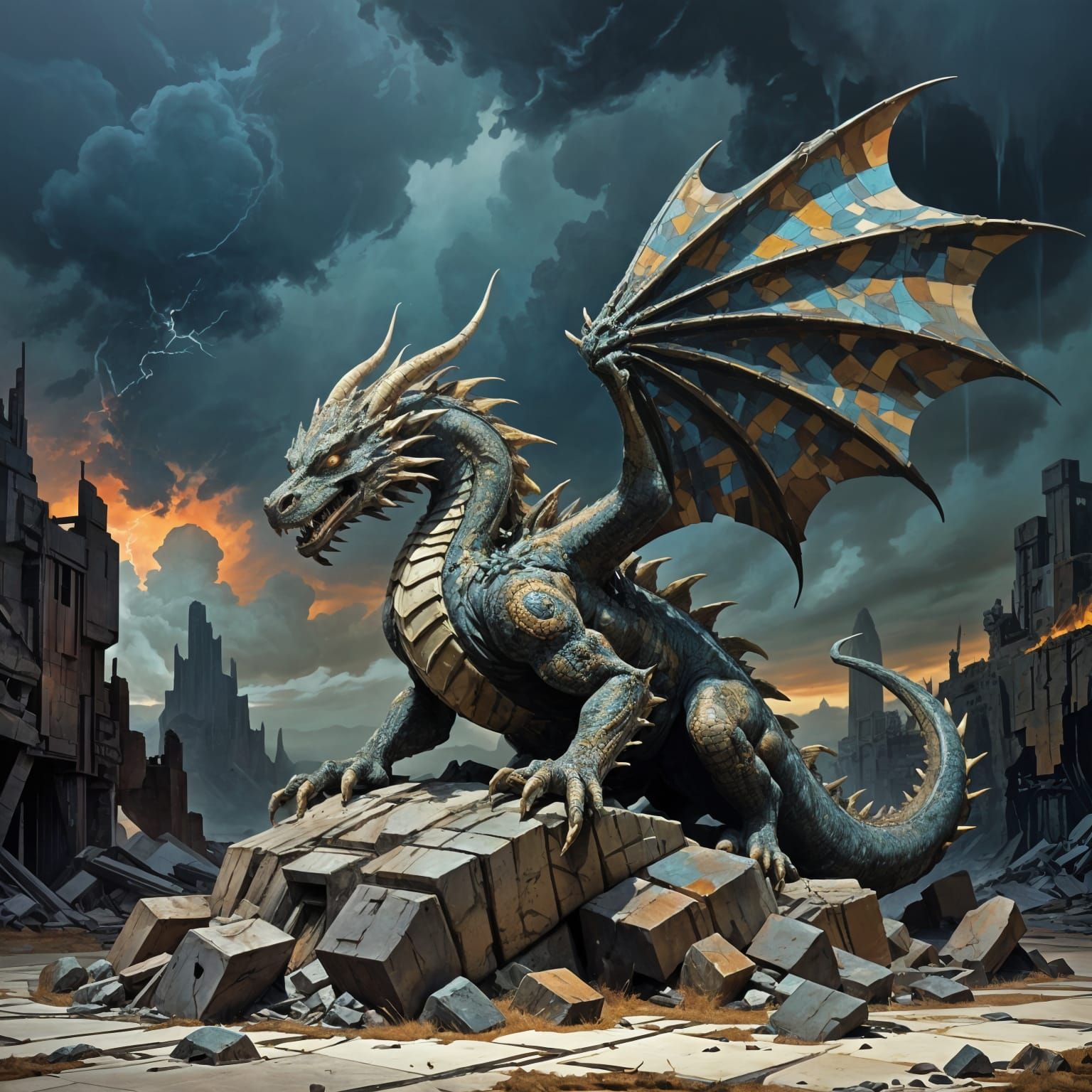 Ancient Stone Dragon in Atmospheric Ruins