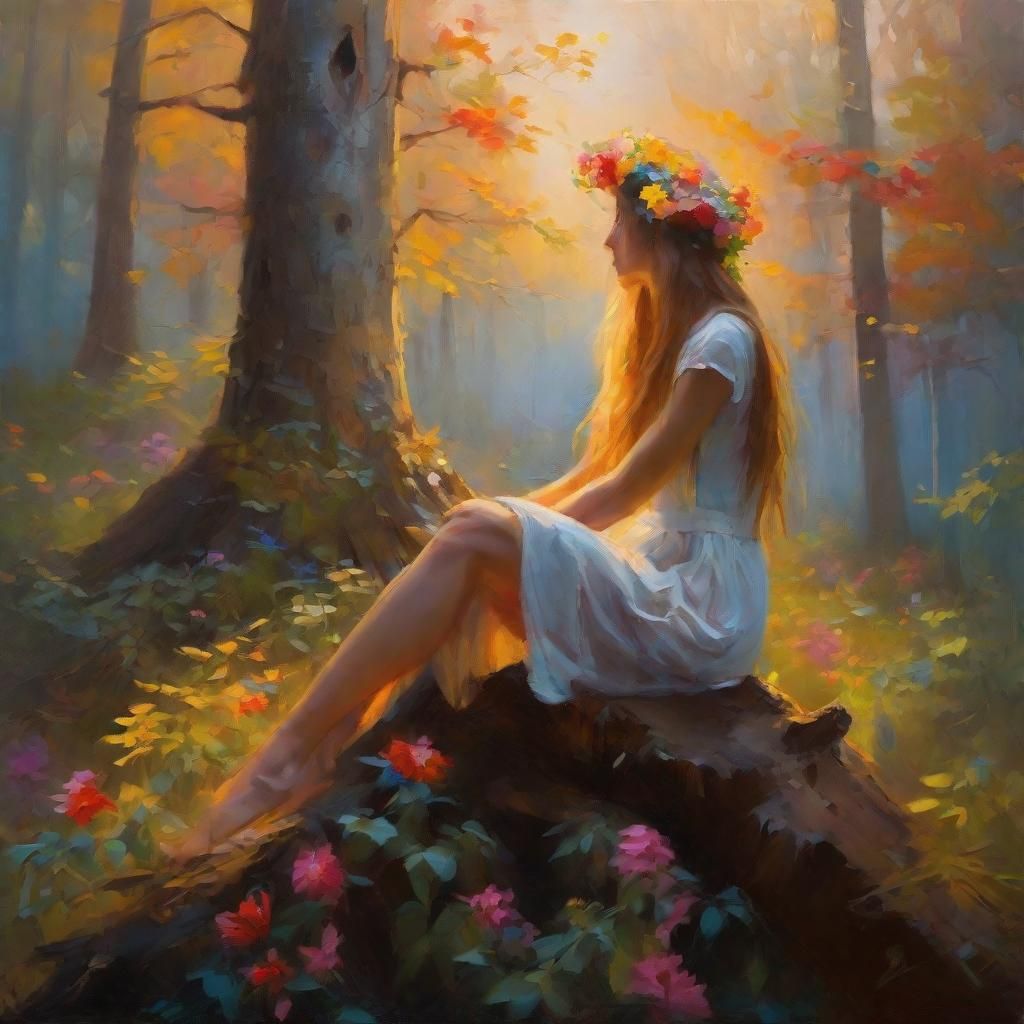 Young Woman in Misty Forest: Contemporary Oil Painting