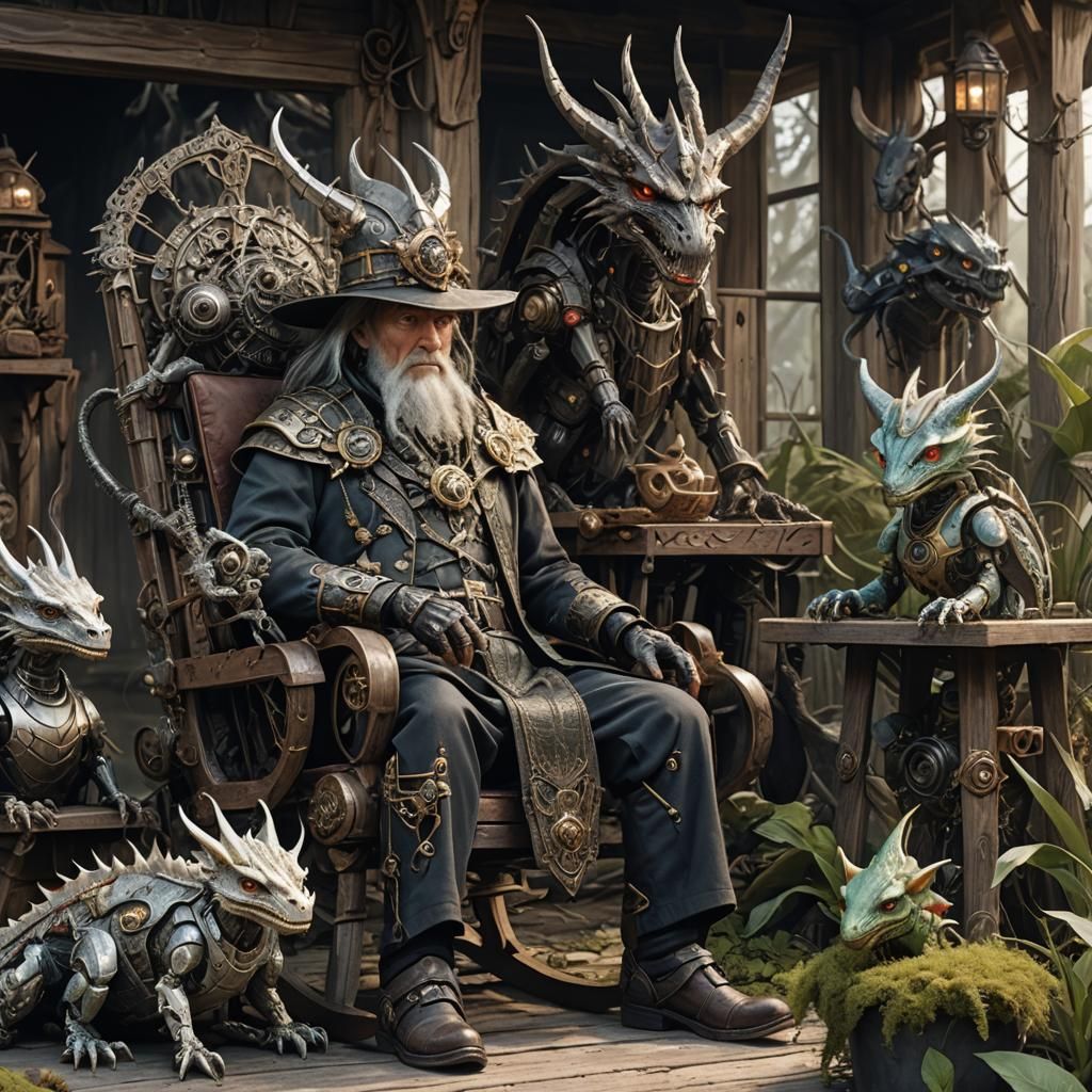 Warlock with Cyborg Dragons on Swamp Porch