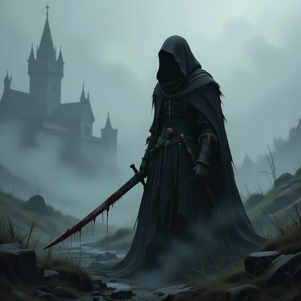 Dark Figure in Mist: Gothic Horror Landscape