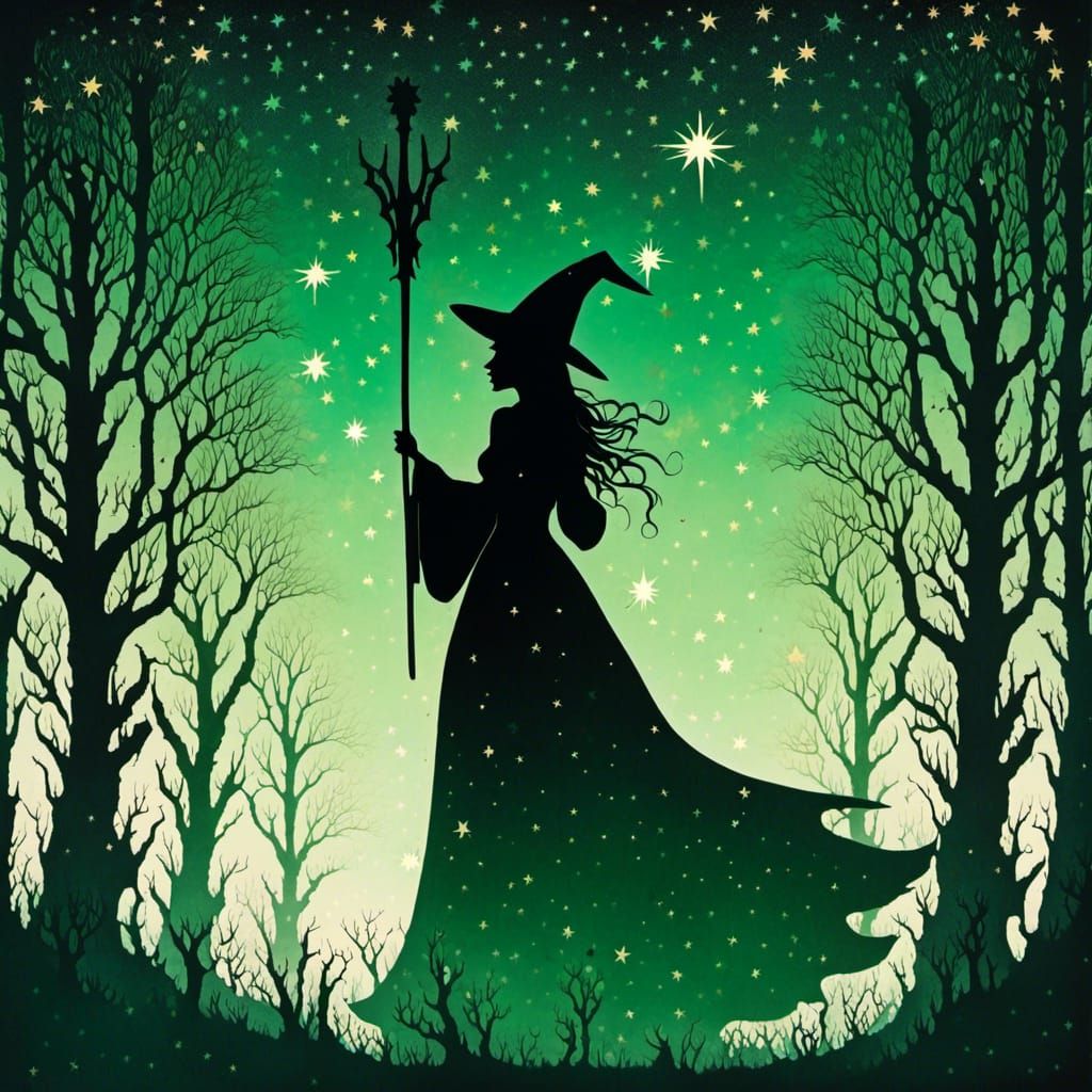 Silhouette of a Witch Under Starry Night