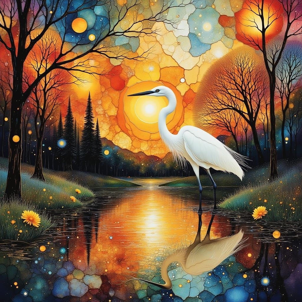 Elegant White Egret at Sunset in Mixed Media Masterpiece