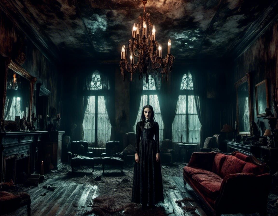 Wednesday Addams in Gothic Mansion at Night