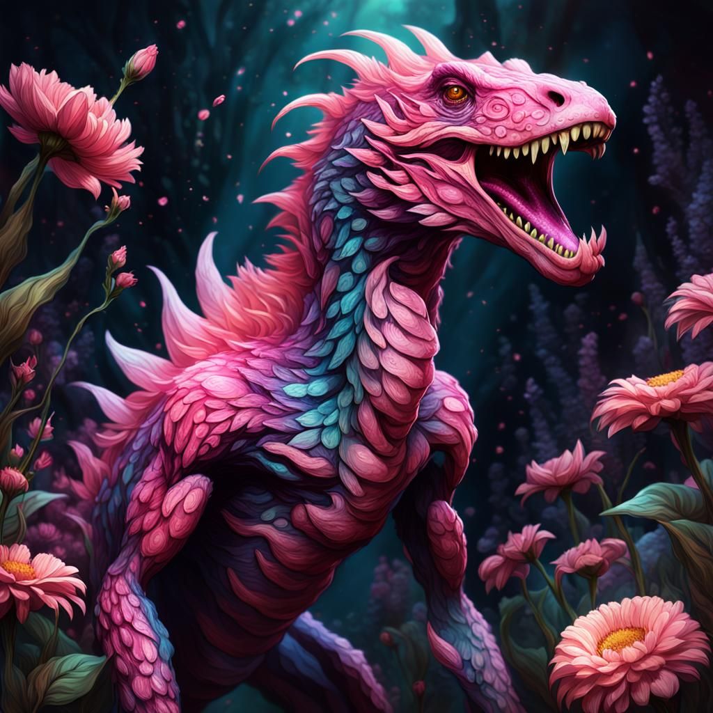 Pinkish Petal Creature in Fantasy Landscape