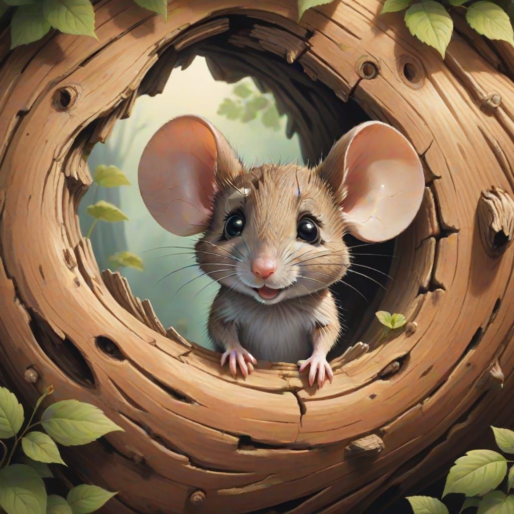 A shy little mouse peeping out of a hollow log, looking out at the big world around him. storybook illustration