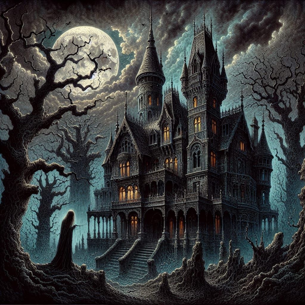 Eerie Gothic Mansion in Dark Fantasy Illustration