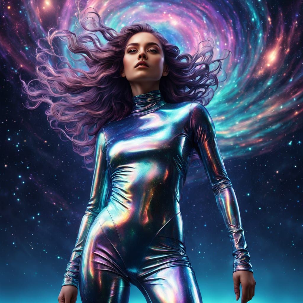 Ethereal Goddess in Latex Cosplay, Surrounded by Cosmos