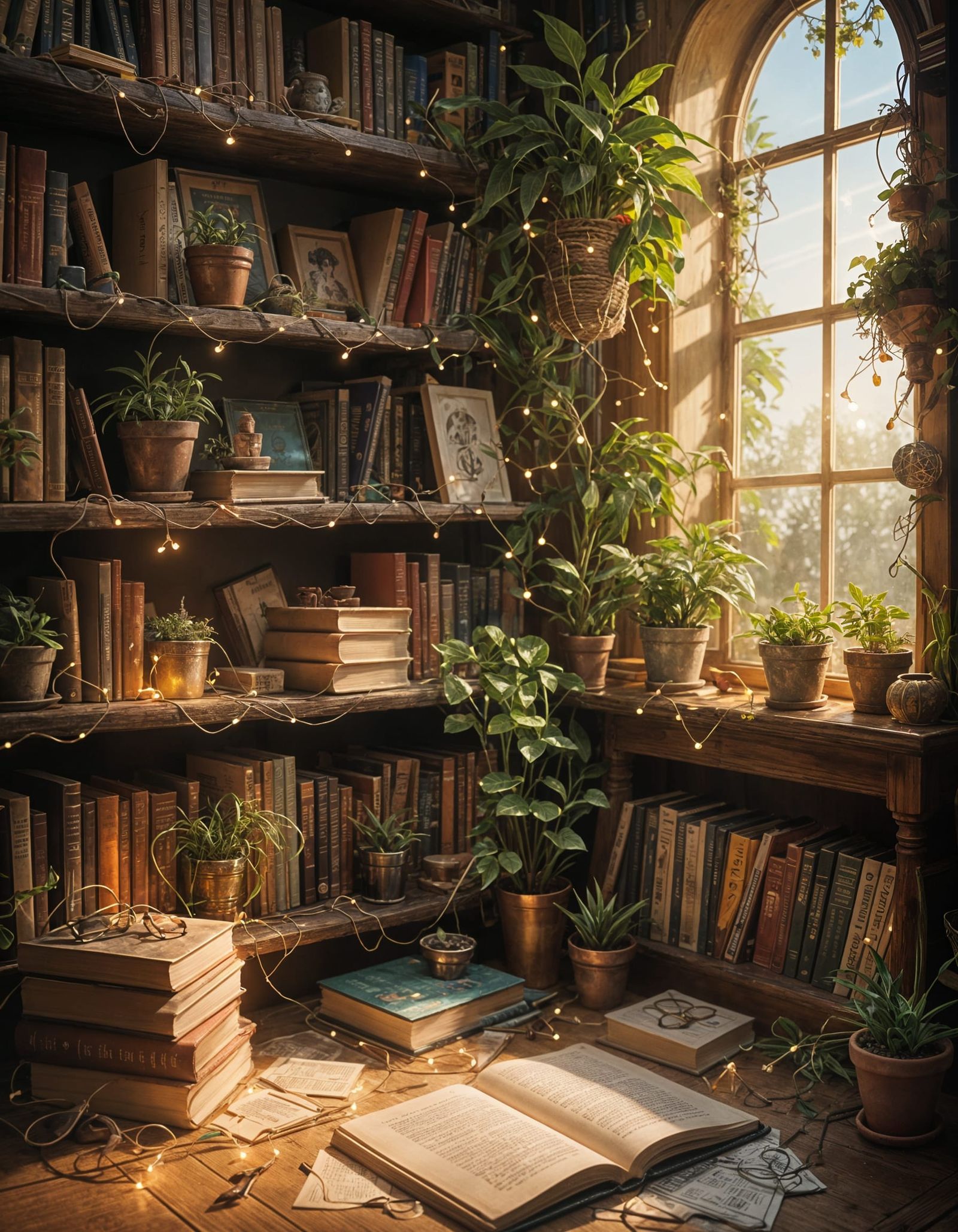 Aesthetic Bookshelf with Sunlight and String Lights