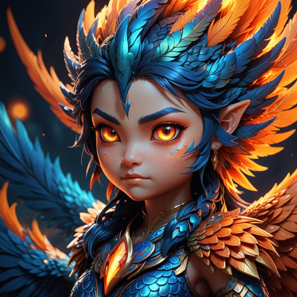 Mystical Chibi Phoenix Beast in Vibrant Plumage