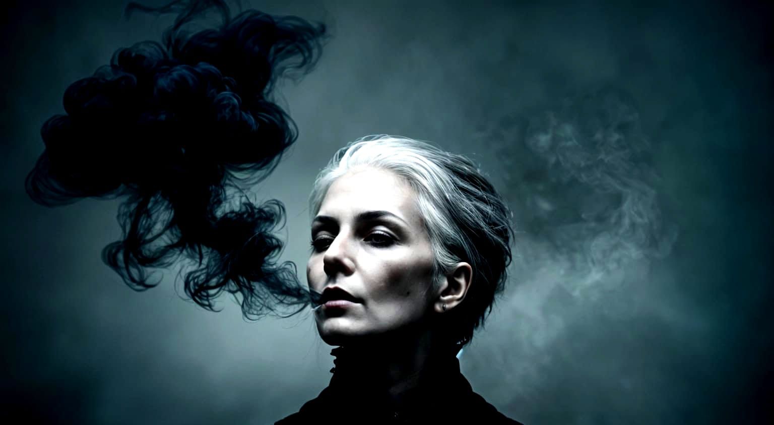 Ethereal Woman Unleashes Dark Energy in Smoky Vapors