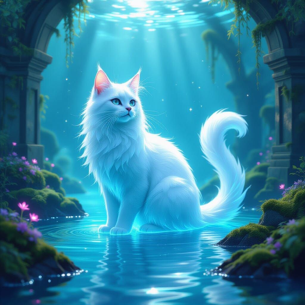 Ethereal Water Cat Amidst Bioluminescent Ruins