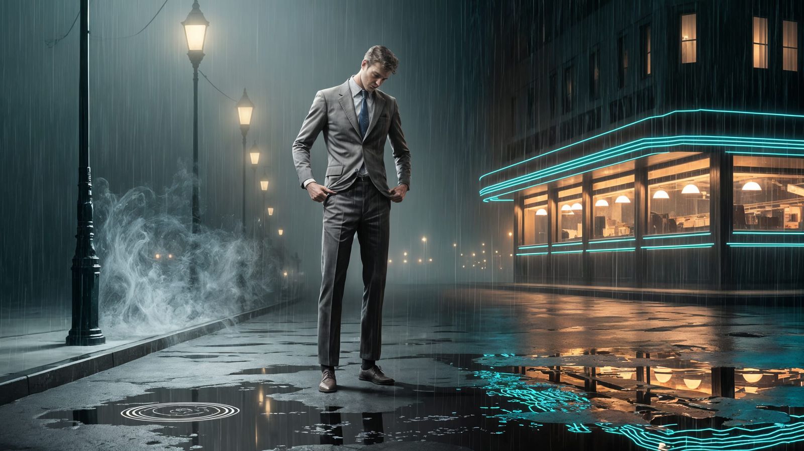 Lonely Figure in a Grey, Rainy Alleyway