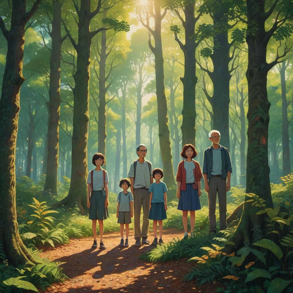 Family in Forest as Pointillism Art