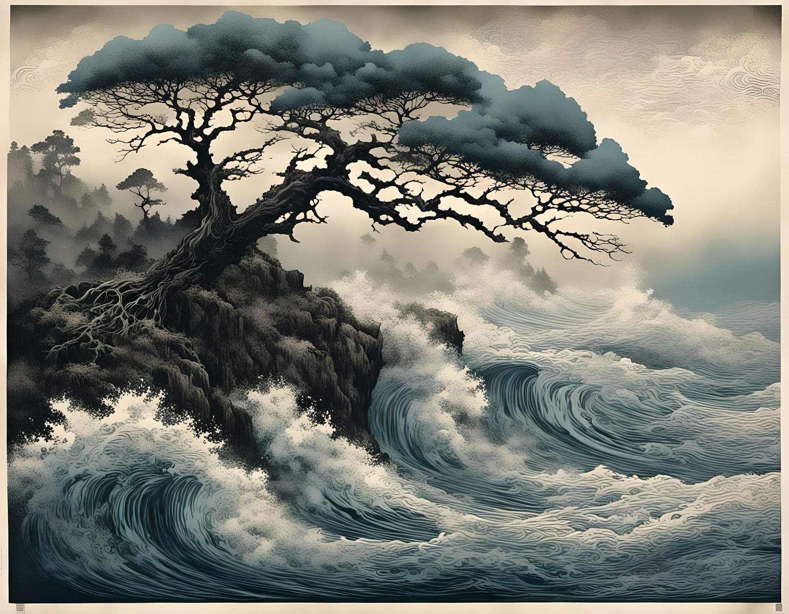 Ancient Tree Survives Storm in Block Print Style