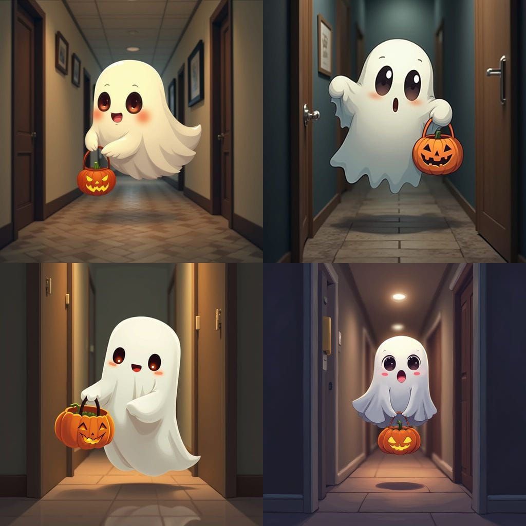Cute Ghost with Anime Eyes Floats with Pumpkin Basket