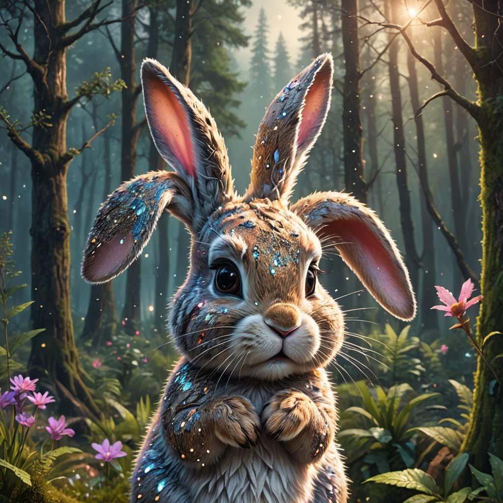 Crying Bunny in Forest: Maximalist Digital Matte Painting