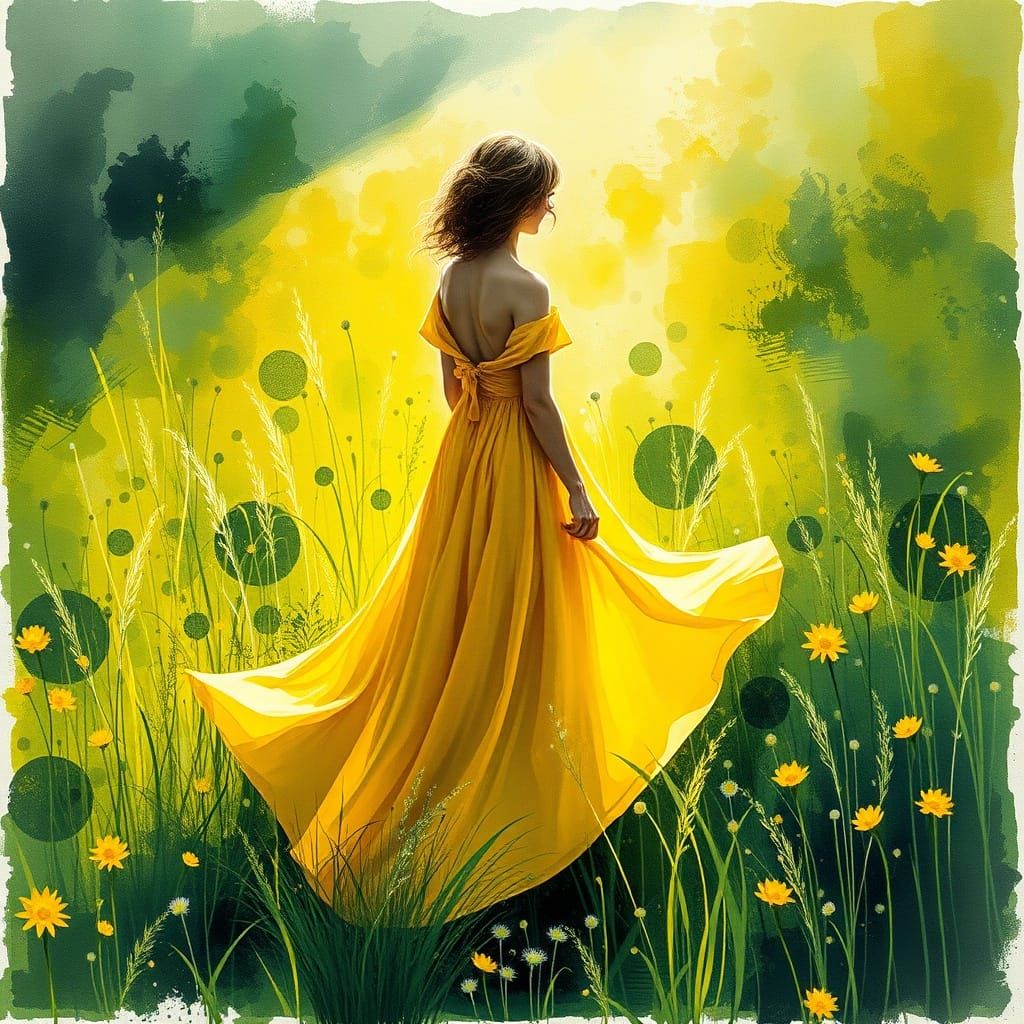 Woman in Yellow Gown in Vibrant Meadow